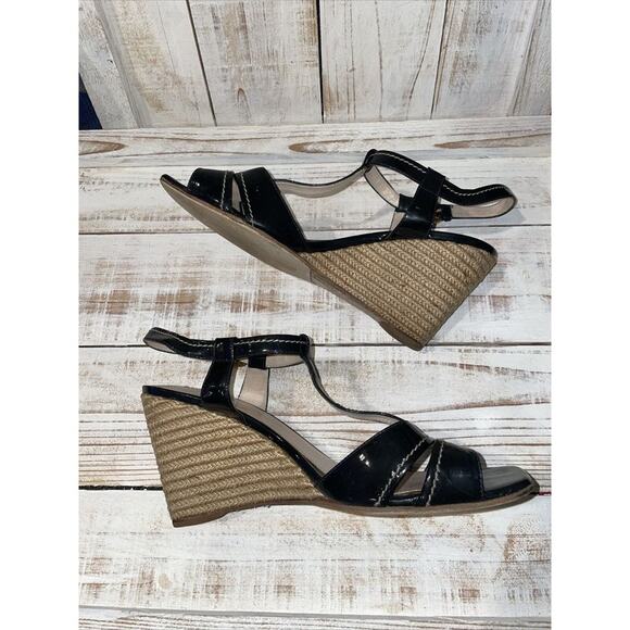 Prada Black Patent Leather Strappy Wedge Sandals Women's Shoe Size 40 3.5 Heel - Picture 3 of 5